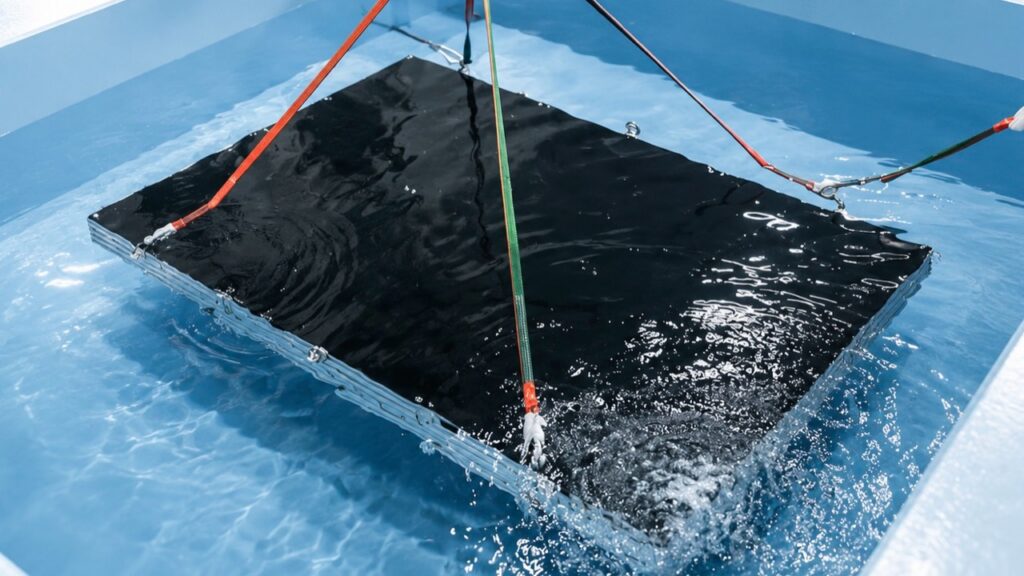 水槽内で大型バッテリパックを浸漬評価する様子